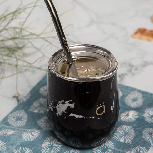 Kalmateh Yerba Mate Gourd - Double Walled Stainless Steel with BPA Free Lid, Bombilla Filter Straw & Bombilla Cleaner (Black Marble, 8 oz)