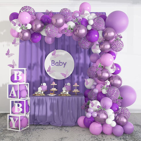 Pateeha Purple Balloon Garland Kit 145 Pcs Butterfly Baby Shower Decorations for Girl 12 Pcs Butterfly Stickers Balloons Arch White Metallic Purple Confetti for Birthday Wedding Party