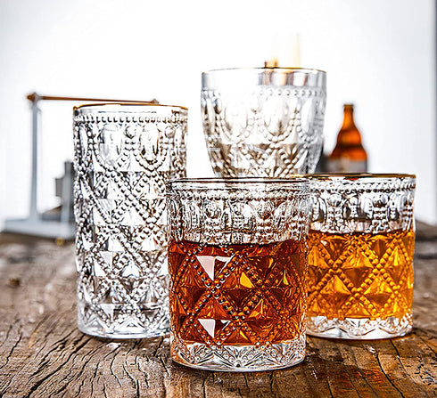 Yesland 6 Pack Vintage Drinking Glasses - 12 Oz Romantic Water Glassware Crystal Emboss Juice Glasses - Double Old Fashioned Glass and Tasting Tumblers for Juice, Cocktail, Whiskey, Beverages, Beer