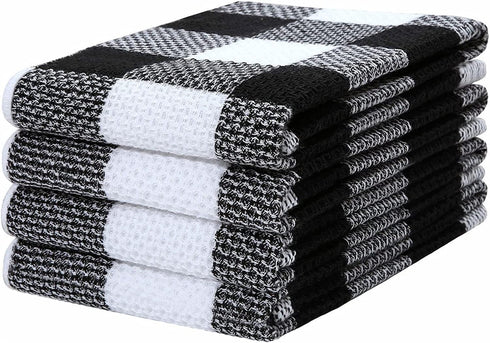 Mordimy 100% Cotton Waffle Weave Check Plaid Kitchen Towels, 13 x 28 Inches, Super Soft and Absorbent Dish Towels for Kitchen, 4-Pack, White & Black