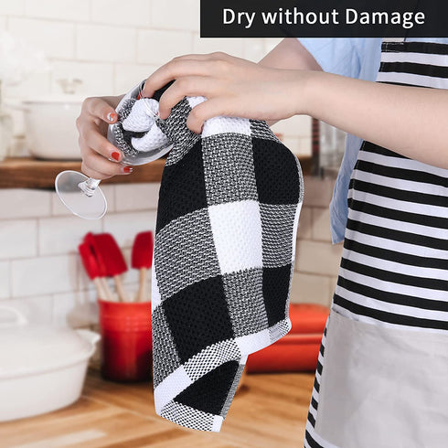 Mordimy 100% Cotton Waffle Weave Check Plaid Kitchen Towels, 13 x 28 Inches, Super Soft and Absorbent Dish Towels for Kitchen, 4-Pack, White & Black