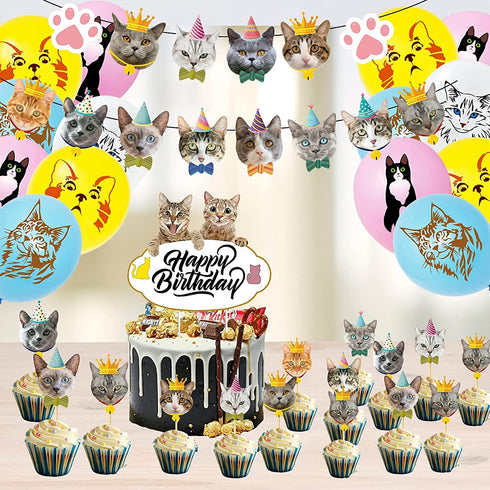Koyatti Cat Theme Birthday Party Decorations Set,Cat Lover Birthday Party Supplies for Kids Girls,16 MEOW Balloons,Cat Face Banner and 24 Cupcake Toppers,A Big Happy Birthday Caketopper