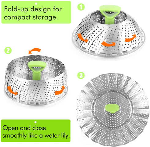Steamer Basket Stainless Steel Vegetable Steamer Basket Folding Steamer Insert for Veggie Fish Seafood Cooking, Expandable to Fit Various Size Pot (7.1" to 11")