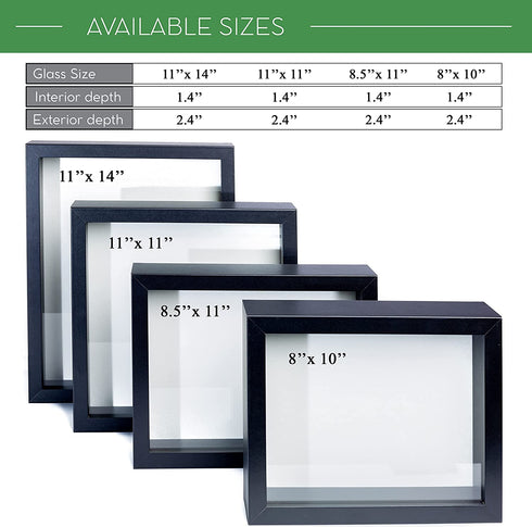FrameWorks 8.5 x 11 Black Wooden Shadow Box Frame Soft Felt Back, Tempered Glass, and Included Elegant White Ball Push Pins