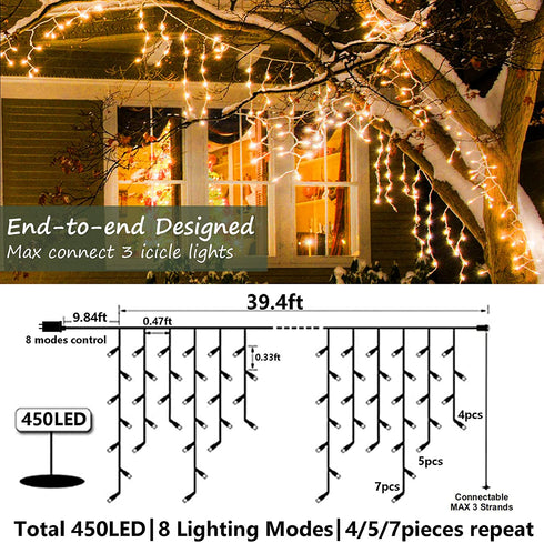 Christmas Lights Outdoor Decorations Iciclelights 39ft 450 LED Dripping Twinkle Ice String Light, 8 Modes Plug in Waterproof Fairy Curtain Lights for House Holiday Patio Yard Party Decor(Warm White)