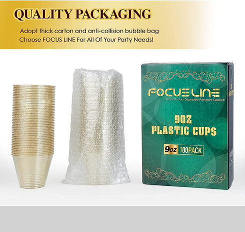 FOCUSLINE 100 Pack Gold Glitter Plastic Cups 9 oz Clear Plastic Cups Tumblers, Fancy Disposable Hard Plastic Cups with Gold Glitter for Wedding Cups Elegant Party Cups