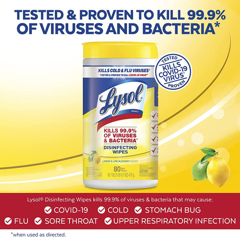 Lysol Disinfectant Wipes, Multi-Surface Antibacterial Cleaning Wipes, For Disinfecting and Cleaning, Lemon and Lime Blossom, 160 Count (Pack of 2)