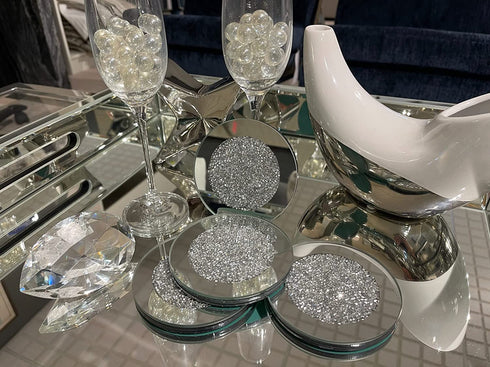 Glass Coasters for Drinks, Set of 4, Diamond Decor, Silver Crystal, Mirrored Elegant, Fancy, Glam, for Home Kitchen Table Bar Accessories, Round (4? x 4?)