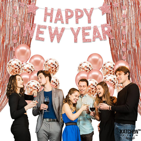 Happy New Year Decorations 2022 Set - Rose Gold Glitter Happy New Year Banner, No DIY | Rose Gold Fringe Curtain for Happy New Year Backdrop | New Years Eve Party Supplies 2022, New Years Decorations