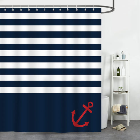 Bonhause Navy Blue Stripe Shower Curtain with 12 Hooks Nautical Anchor Decorative Bath Curtain 72 x 72 Inch Polyester Fabric Waterproof Bathroom Curtain