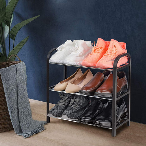 NiHome Shoe Rack Organizer Multipurpose 3-Tier Small Size Vertical Footwear Display Shelf Compact Sturdy Metal Frame Lightweight 6 Pairs for Closet Hallway Entryway Living Room Bedroom Attom (Black)