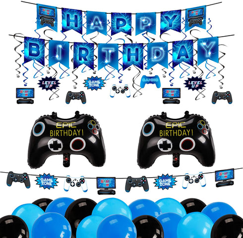 Decorlife Gamer Birthday Decorations, Video Game Birthday Party Decorations for Boys, 24PCS Wristbands, Foil Curtains, Photo Booth Props Included, Blue, Total 99PCS