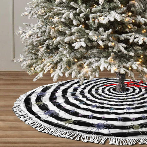FREEHOTU Halloween Spiders Black and White Striped Christmas Tree Skirt 48" Gorgeous Edge Tassel Lace for Xmas Ornaments Decoration
