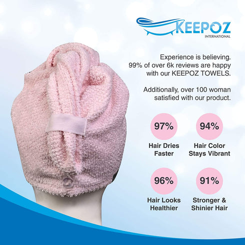 KEEPOZ Hair Towel Wrap Quick Dry 100% Cotton Super Absorbent Turban Head Wrap for Women with Button, Anti Frizz Hair Products, Hair Cap for Curly, Long & Thick Hair (2pcs) (Lilac+Pink Check)