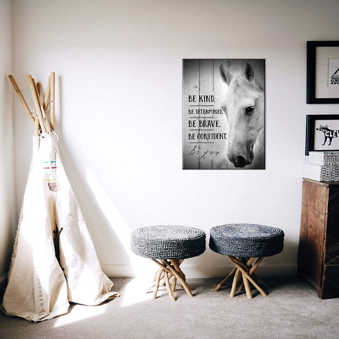 Inspirational Wall Art Canvas Farmhouse Countryside Black and White Wooden Board Animals Horse Motivational Theme Wall Decor Pictures Framed Artwork for Walls Modern Home (White Horse, 12"—16"—1 pcs)