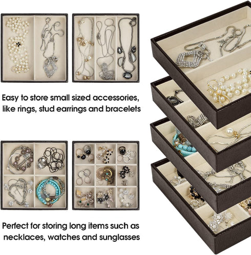 J JACKCUBE DESIGN 4 Stackable Trays Jewelry Storage Display Case for Drawer or Dresser - Holder for Earring Ring Necklace or Cufflinks - MK220-1ABCD
