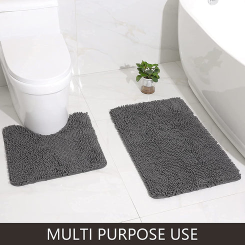 EFORPAD Curved U-Shaped Toilet Bathroom Rugs, 20 x 20 Inch, Chenille Non Slip Contoured Bath Mat Soft Absorbent Machine Washable Carpet for Bathroom Toilet, Grey