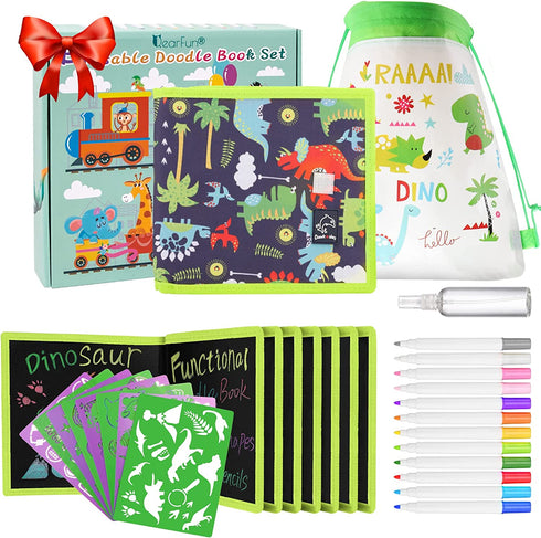 QearFun Erasable Doodle Book Set, 100+ Drawing Shapes Toddler Travel Essential Activity (Green Dinosaur)