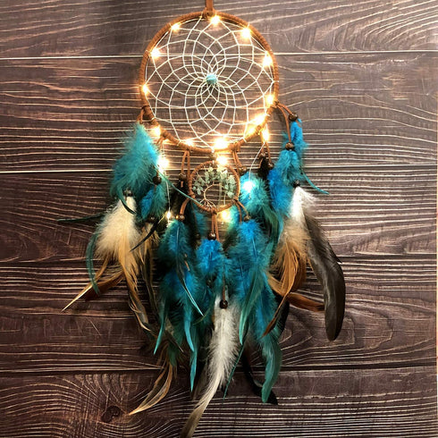 Dream Catcher Blue Tree of Life with Feathers, Mobile LED Fairy Lights Handmade Indians Traditional Circular Net for Wall Hanging Decor, Bedroom Kids, Home Decoration Wedding Party Blessing Gift