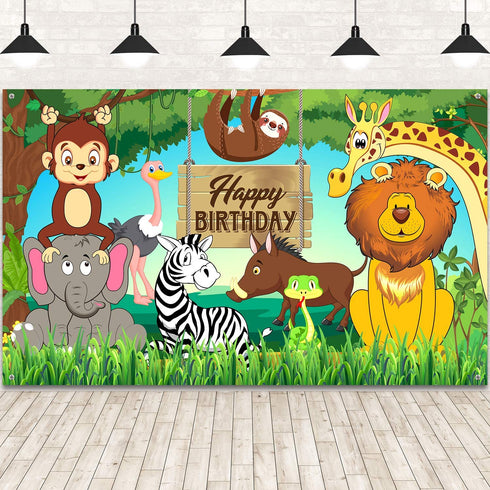 Jungle Animal Theme Birthday Party Decorations, Extra Large Fabric Safari Animal Elements Printed Happy Birthday Backdrop Funny Cartoon Forest Banner Background for Birthday Party Supplies, 6 x 3.6ft