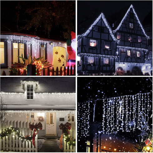 BRIGHTDECK Christmas Icicle Lights 192 LED 16.4 FT 8 Modes Waterproof Cool White Christmas String Lights for Holiday Home Patio Party Indoor Outdoor Xmas Decorations