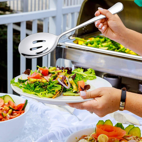 LIANYU 6 Pack Serving Spoons Set, 3 Large Serving Spoons, 3 Slotted Serving Spoons, Stainless Steel Buffet Dinner Restaurant Serving Spoons Set, Catering Serving Utensils for Party Banquet, 9.8 Inch