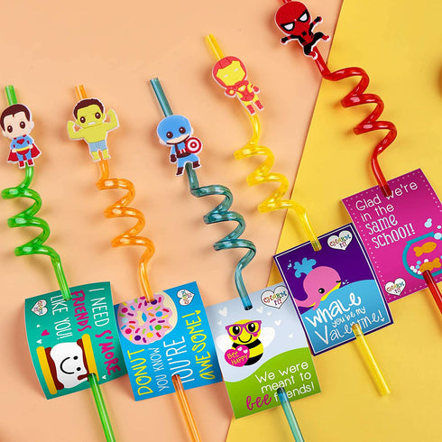 24 Superhero Straws with 2 Cleaning Brush 6 Designs Great for Birthday as Avengers Themed Party Favors and Party Supplies