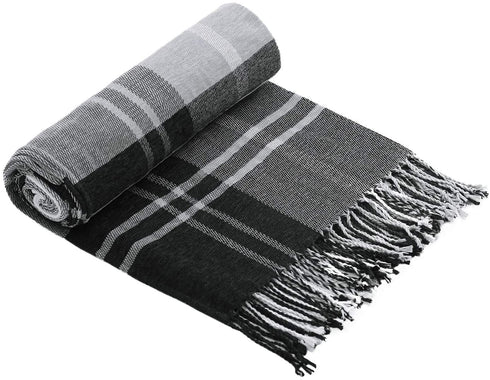JUDYBRIDAL Plaid Chenille Throw Blanket Extra Soft Blanket All-Season Dual-Sided Home Decor Blankets with 3 Inches Tassels for Bed Sofa Couch Chair 50" W x 67" L (Black/White)