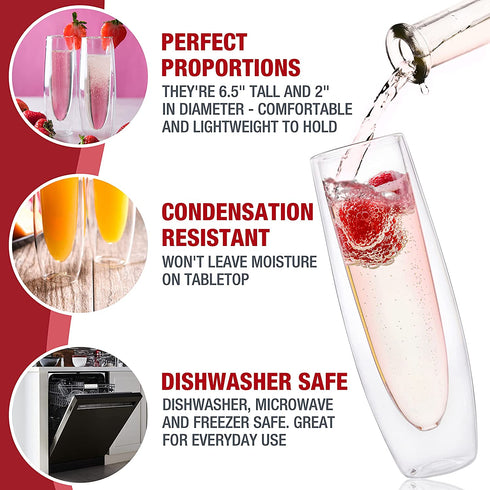 Glass Champagne Flutes - Set of 2 - Stemless Sparkling Wine Glasses - 5 oz - Mimosa Wine Flute For Weddings Bridesmaid Party and Bridal Showers -Eparé