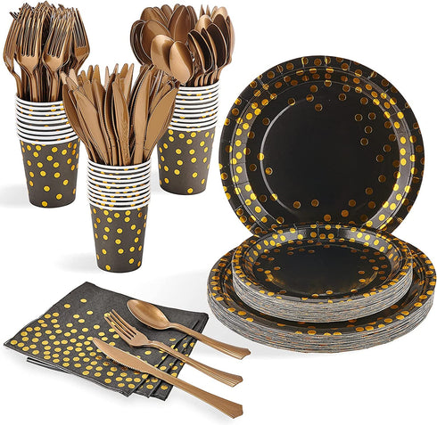 FOCUSLINE Black and Gold Party Supplies 210 PCS Paper Party Dinnerware 30 Guests - Disposable Black Paper Plates Napkins Cups & Gold Plastic Forks Knives Spoons for Graduation, Birthday, Wedding