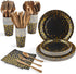 FOCUSLINE Black and Gold Party Supplies 210 PCS Paper Party Dinnerware 30 Guests - Disposable Black Paper Plates Napkins Cups & Gold Plastic Forks Knives Spoons for Graduation, Birthday, Wedding