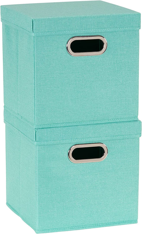 Household Essentials 806-1 Caf© Lids and Handles | 2 Pack | Teal Green Linen Cube Bin Storage Set, 2 Count
