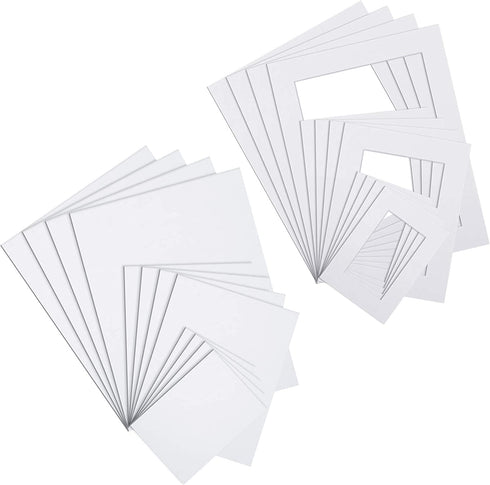 24 Pieces Picture Mats Set, Including 12 Pre-Cut White Photo Frame Mats and 12 White Core Bevel Cutting Mat Boards for 5 x 7, 8 x 10, 11 x 14 Inch Pictures
