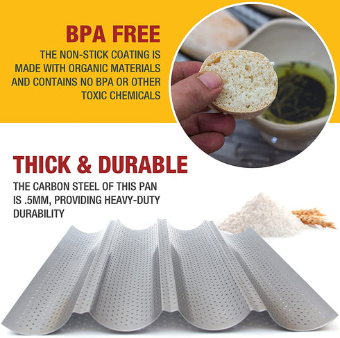 Baguette Pan for Baking - 15" x 13" Nonstick Perforated Italian Loaf Mold - Long French Bread Baker's Tray - Sourdough Roll Proof & Bake Rack by Eparé