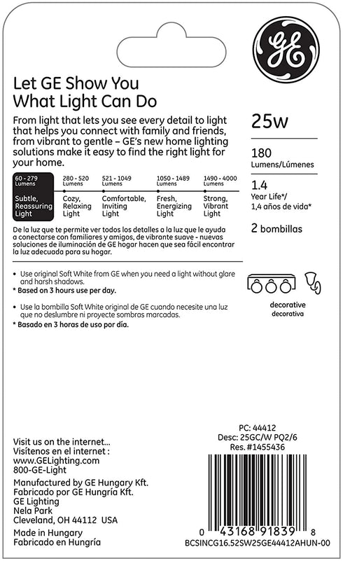 GE Lighting White 44412 25-watt 180-Lumen Candelabra Base G16.5 Globe Light Bulb, Soft, 2 Count (Pack of 1)