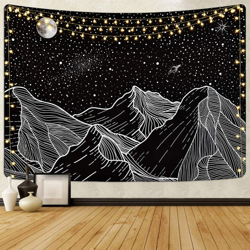 Sevenstars Mountain Tapestry Moon Star Tapestry Starry Night Sky Tapestry Black and White Mountains Tapestry for Room
