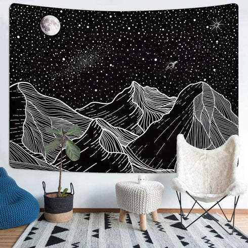 Sevenstars Mountain Tapestry Moon Star Tapestry Starry Night Sky Tapestry Black and White Mountains Tapestry for Room