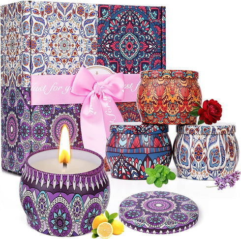 Scented Candles Gift Set 4 Pack Scented Candles 4.4 OZ Aromatherapy Candle Gifts fo Mom 100% Natural Soy Wax Portable Candles Gifts for Women for Mother's Day Gifts