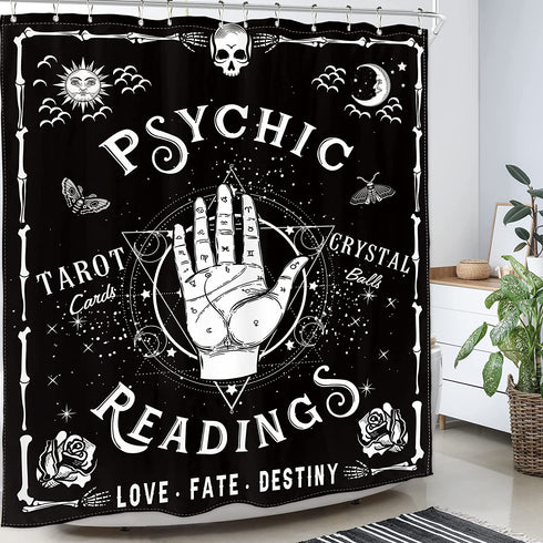 Homewelle Gothic Psychic Goth Shower Curtain 60Wx72L Inch Spooky Moth Tarot Halloween Ouija Hands Palmistry Reading Witch Cool Palm Hippy Mysterious Whimsy Edgy Polyester Fabric Bathtub Bathroom Decor