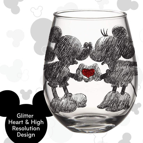 Silver Buffalo Disney Mickey and Minnie Classic Heart Glitter Stemless Glass, 20-Ounce