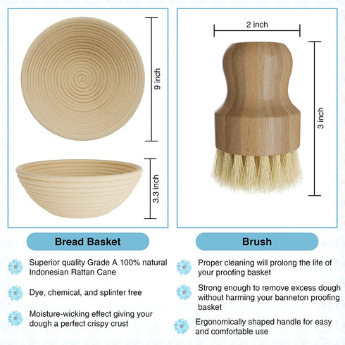 Professional Bread Proofing Basket Set - 6PCS 9inch Round Banneton Proofing Basket Kit with Stainless Steel Bread Lame & Danish Dough Whisk - Banneton Basket with Scraper & Cutter - Sourdough Bread Baking Supplies