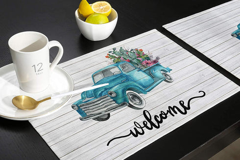 Placemats for Dining Table Cactus with Blue Truck Table Mats Tropical Plants Wood Grain Table Decoration Holiday Banquet Kitchen Dining Non Slip Washable, Set of 4