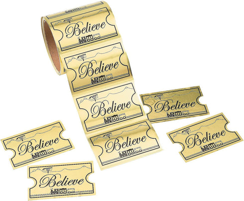 Gold Foil Believe Ticket Sticker Rolls - Jumbo 100 Sticker Roll - Christmas Supplies for Kids