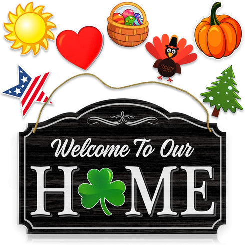 Bigtime Signs Welcome to Our Home - Black Wood Grain Print Door & Wall Decor 8 Interchangeable Holiday Magnets Halloween, Easter, Fall, Christmas, Valentines - Porch Hanging Plaque Decoration