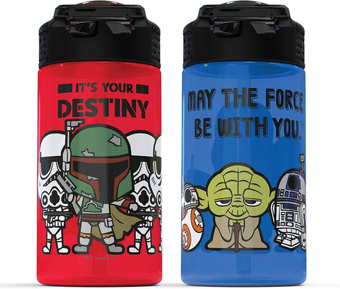 Zak Designs PP Park Straw Kids Durable Plastic Spout Cover and Built-in Carrying Loop, Leak-Proof Water Design for Travel, (16oz, 2pc Set), Darth Vader Bottle 2pk