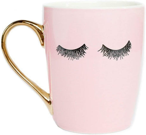 Sweet Water Decor Cute Coffee Mugs with Golden Handle | Girly Make Up & Mascara 16oz China Coffee Cup with Eyelashes | Embellished with Real Gold & Microwave Safe (Pink)