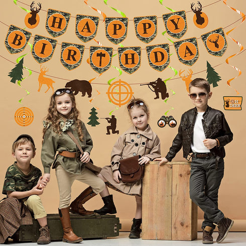 62 Pieces Hunting Birthday Party Decorations Hunting Party Supplies Camo Party Supplies Hunting Birthday Banner Deer Birthday Decorations Camo Cake Toppers Hunting Swirls Decorations