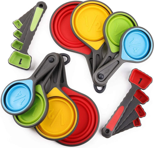 WUWEOT 16 Pack Collapsible Measuring Cups and Spoons Set, Food Grade Silicone Measuring Tools Set for Liquid & Dry Food, Baking & Cooking, Space Saving, BPA Free Silicone