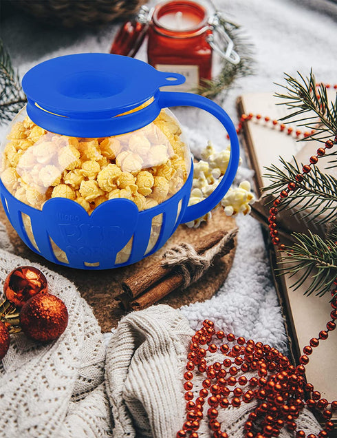 Tahoe Trail Christmas Gifts Borosilicate Glass Microwave Popcorn Popper Maker with Lid, BPA Free Hot Air Microwave Popcorn Maker Bowl, Use In Microwave or Oven, Dishwasher Safe, 3 Quart Family Size (Blue)