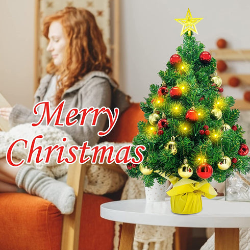 CREPRO 2ft Pre-lit Christmas Tree, Artificial Mini Christmas Tree with Lights and Christmas Ornaments, Tabletop Christmas Trees with Star Treetop for Xmas Home Party Holiday DIY Decorations(Gold)